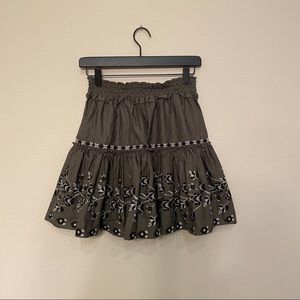 Army Green Tiered Skater Skirt with Embroidery